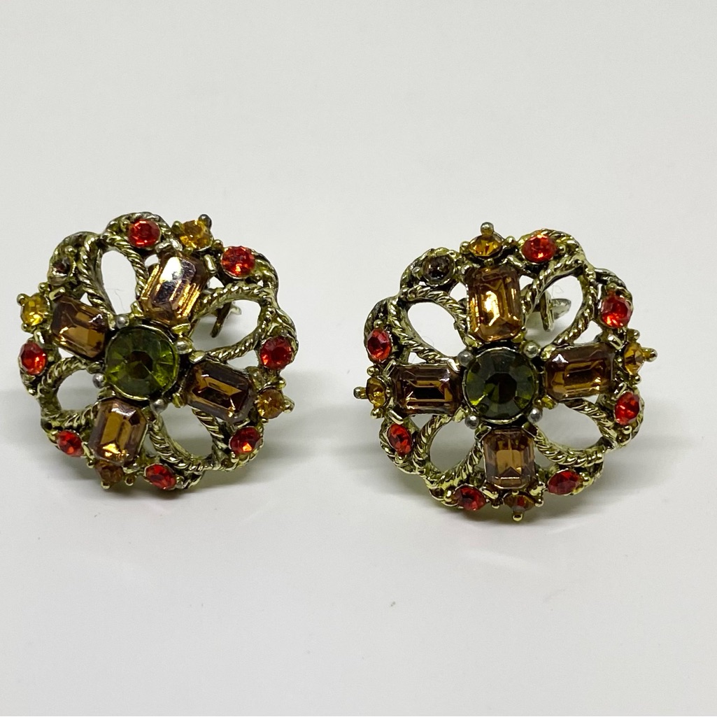 Vintage Earrings Clip With Stones Baby, Emerald, Citrine, Cognac Quart Size: 1”